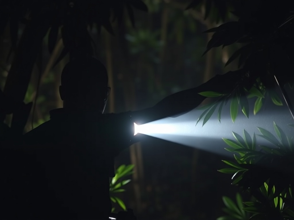 Operator scanning rainforest with headlamp during night hunt